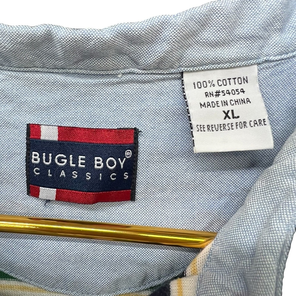 Vintage Bugle Boy Striped Polo Shirt XL Green Navy White 90s Cotton Classic - Picture 3 of 8